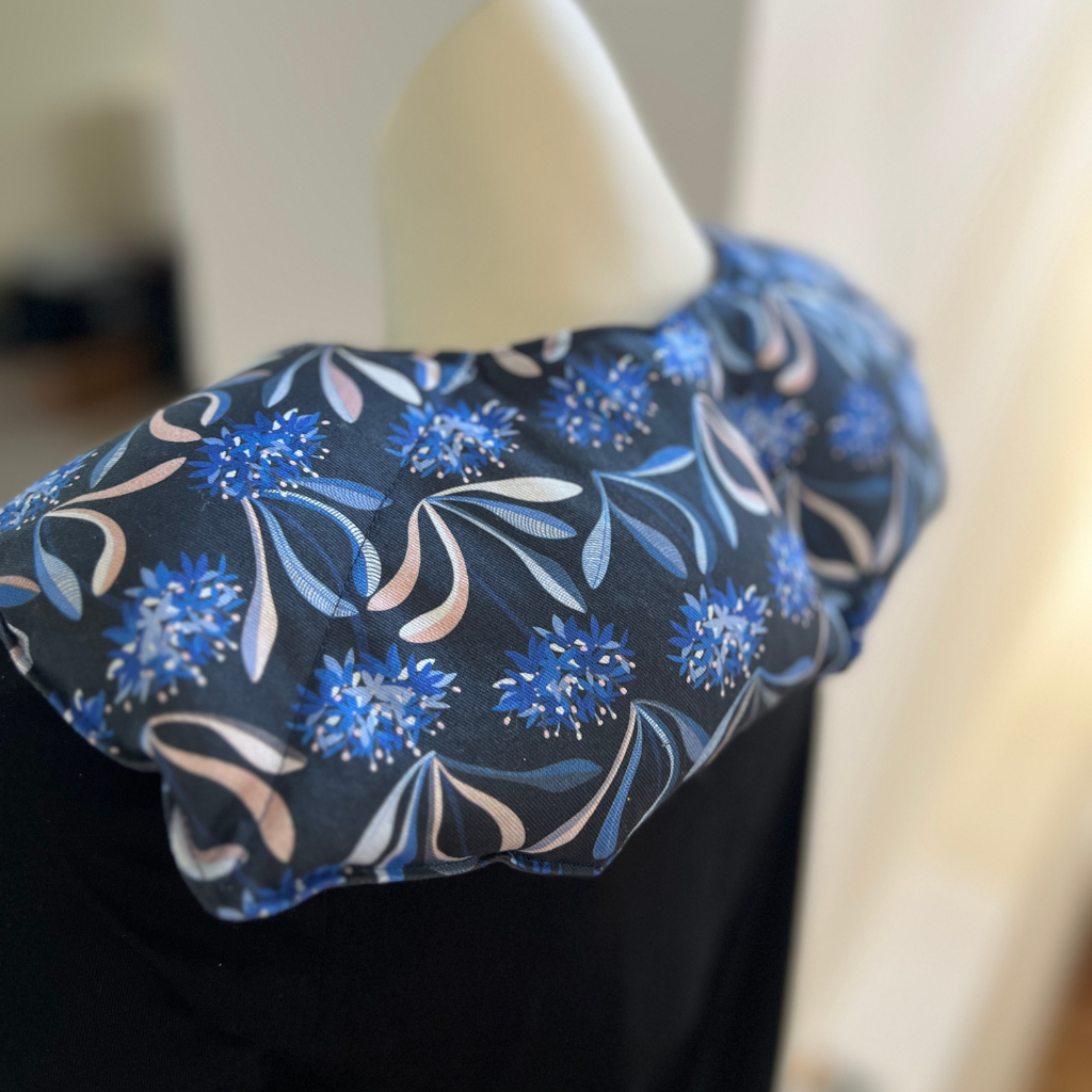 Origami-Inspired Curved Lavender Wheat Pack for Neck & Shoulders - Blue Pincushion Flowers