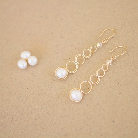 Gold Wire Loop Large White Pearl Earrings