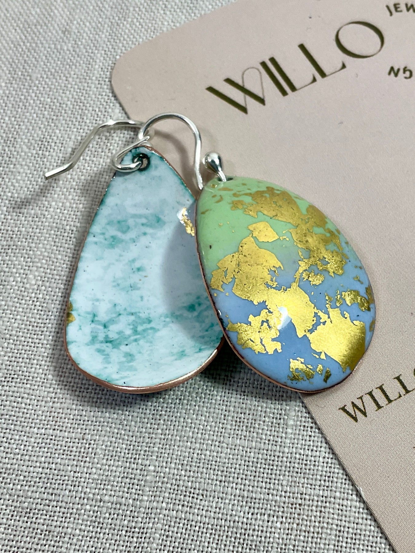 Blue Green and gold enamel earrings. Handmade