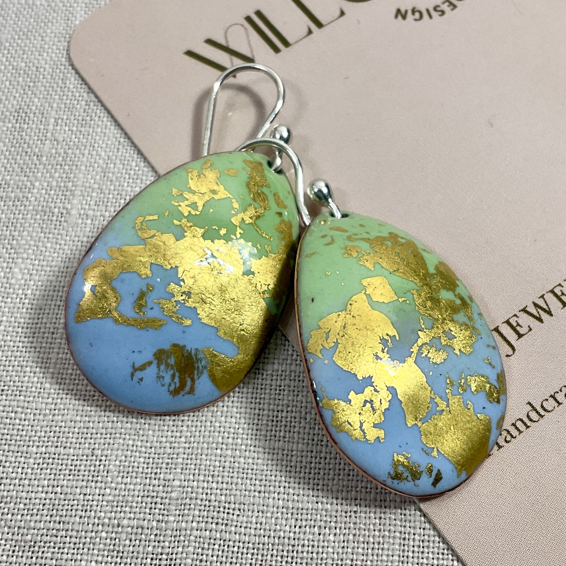 Blue Green and gold enamel earrings. Handmade