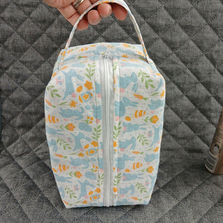 Blue rabbit print quilted makeup bag , Toiletry bag with handle