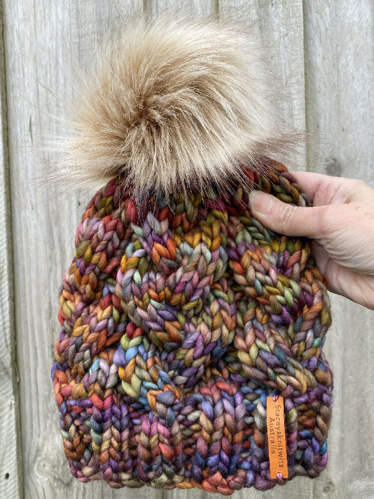 Ladies Beanie, Knitted Rainbow PomPom Beanie