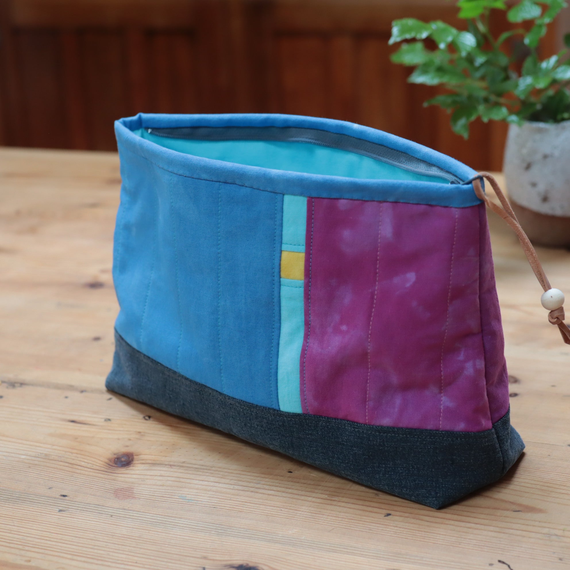 Hand Dyed Zipper Bag, Makeup Bag, Sewing Pouch, Blue and Fuchsia