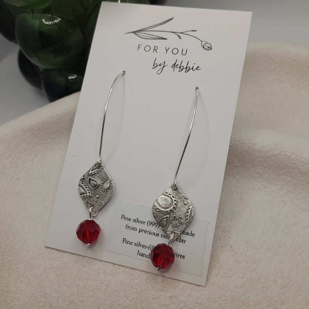 Fine silver earrings boho red -handmade ear wire