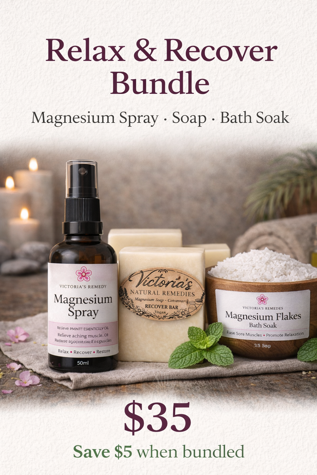 Magnesium Relax & Recover Bundle - Spray, Soap and Bath Flakes