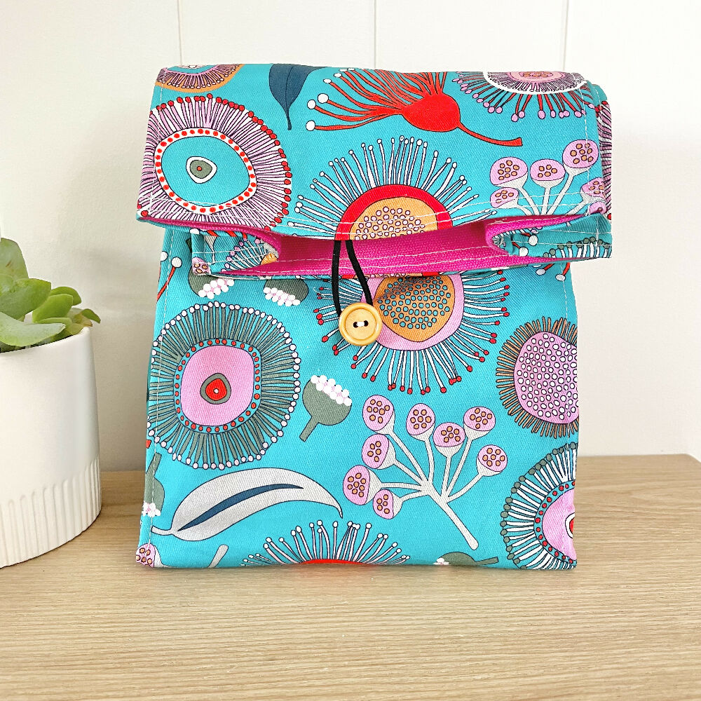 Lunch Bag Cotton Canvas~ Reusable, Fold Over~ Blossoms Blue
