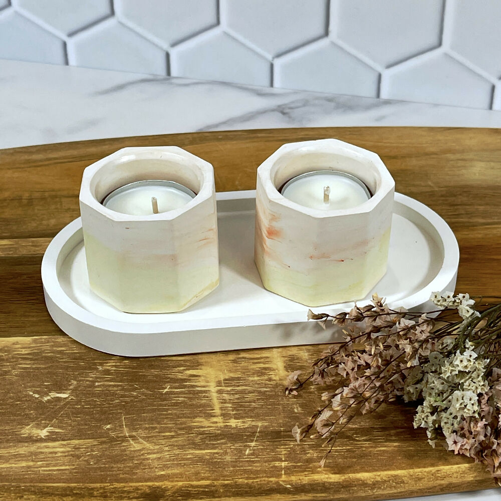 Stone Tealight Holders & Tray - Washed Apricot & Spice