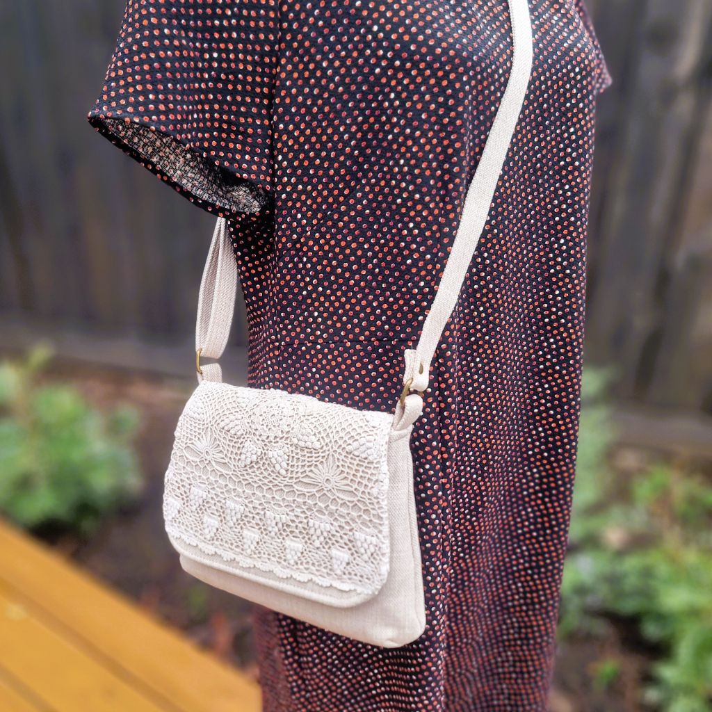 Upcycled small messenger bag - cream & vintage lace