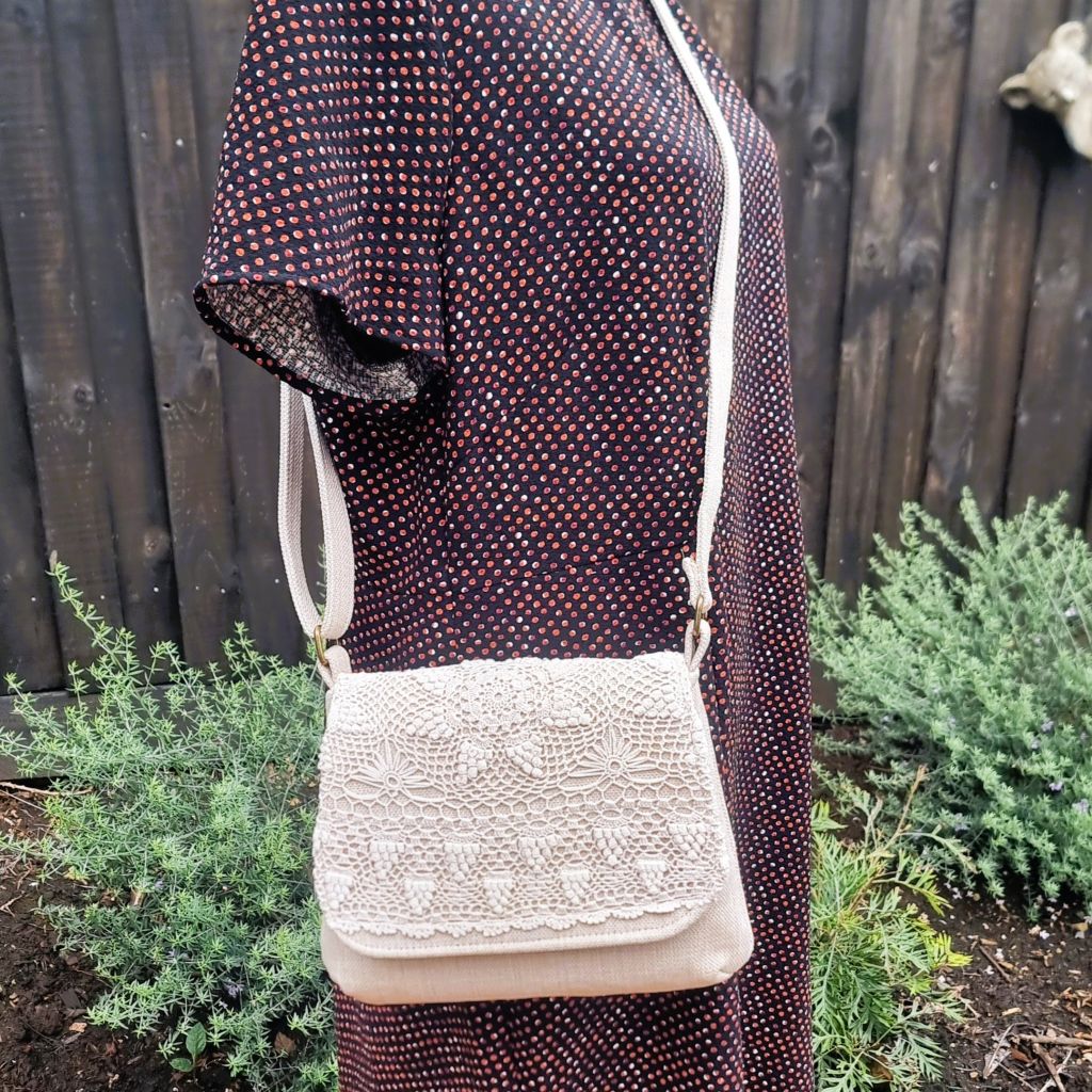 Upcycled small messenger bag - cream & vintage lace