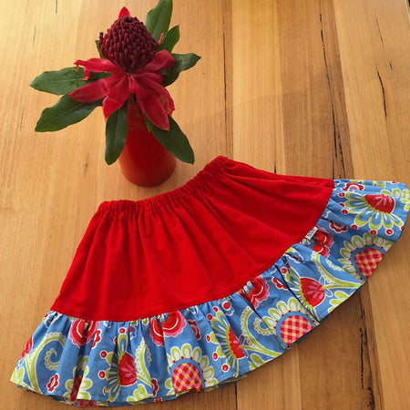 Girls Red Corduroy Skirt, Floral Trim | Size 5