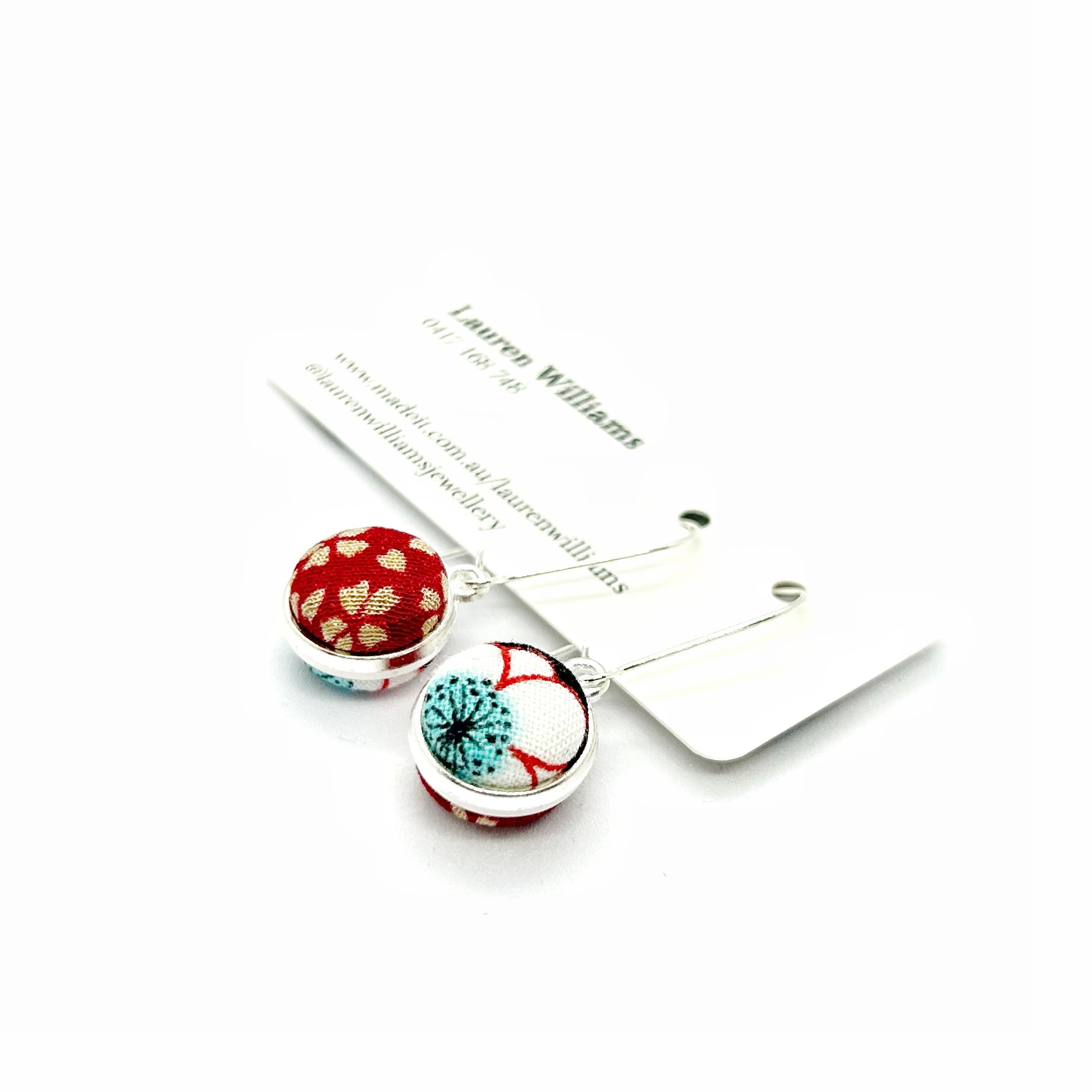 Double Sided Fabric Button Earrings - Aqua and Red