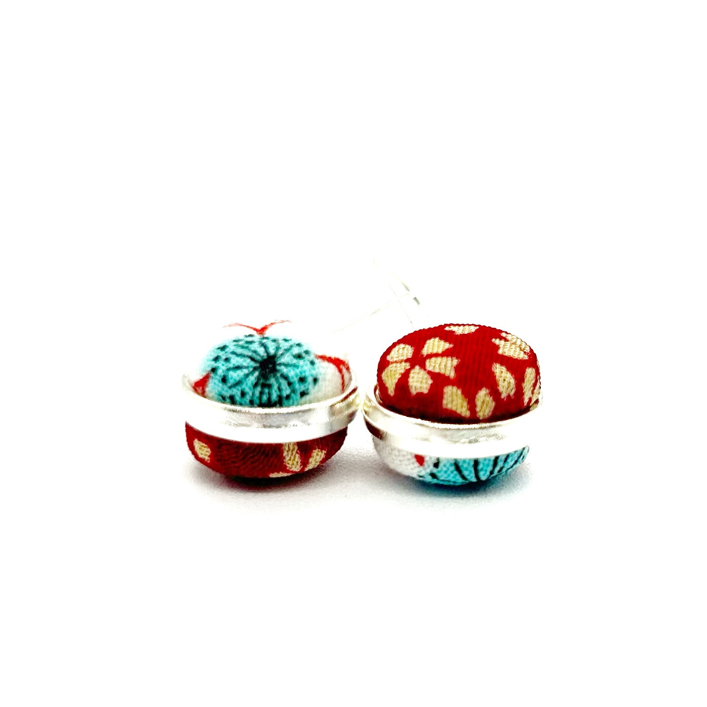 Double Sided Fabric Button Earrings - Aqua and Red