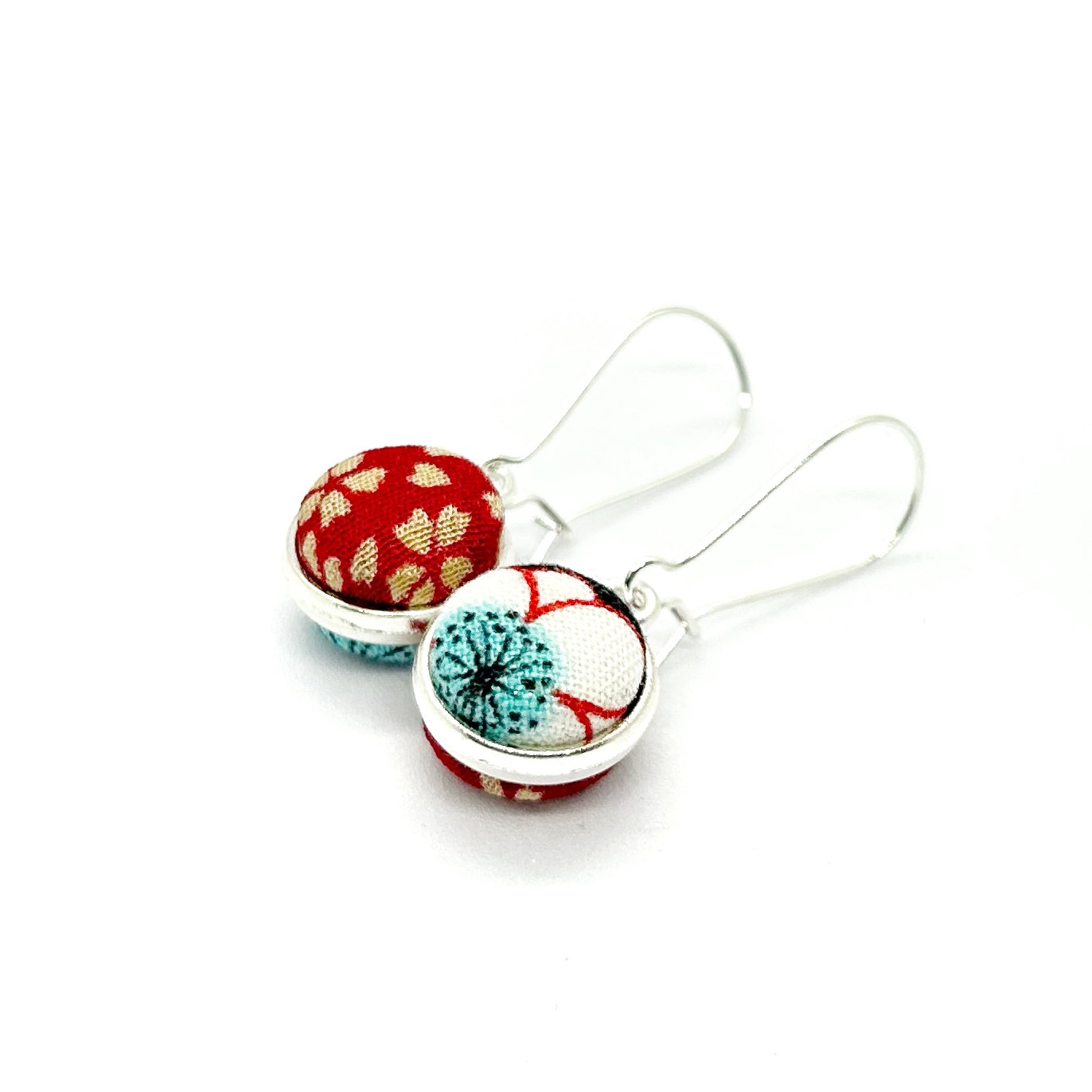 Double Sided Fabric Button Earrings - Aqua and Red