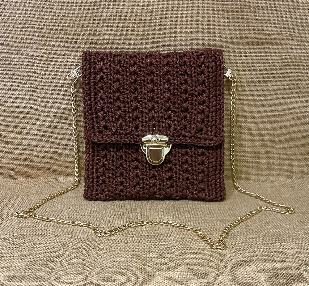 Crochet Evening/Crossbody Bag, Brown, Gold Chain Strap, 20x22 cm