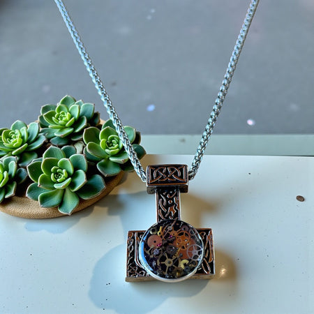 Steampunk watch parts hammer mens necklace