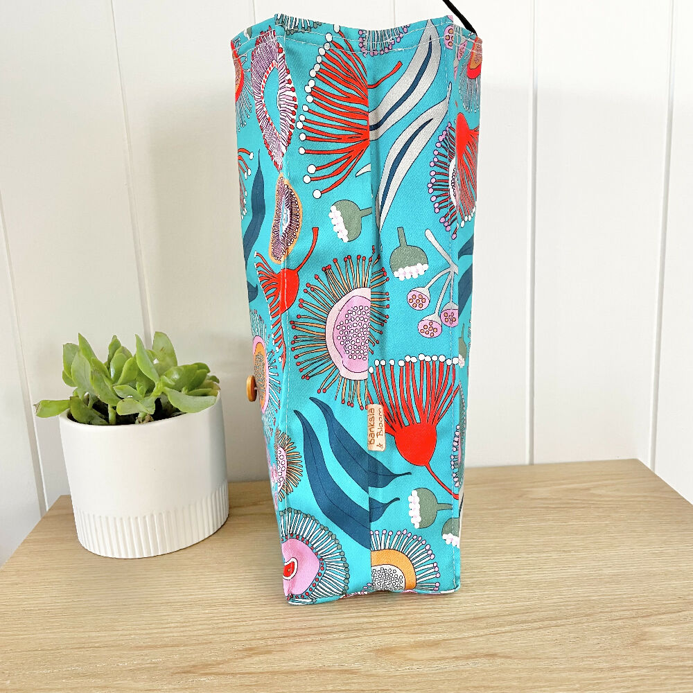 Lunch Bag Cotton Canvas~ Reusable, Fold Over~ Blossoms Blue