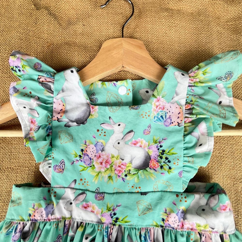 Handmade Pinafore Dress | Bunnies | Green | Sizes 1 and 3