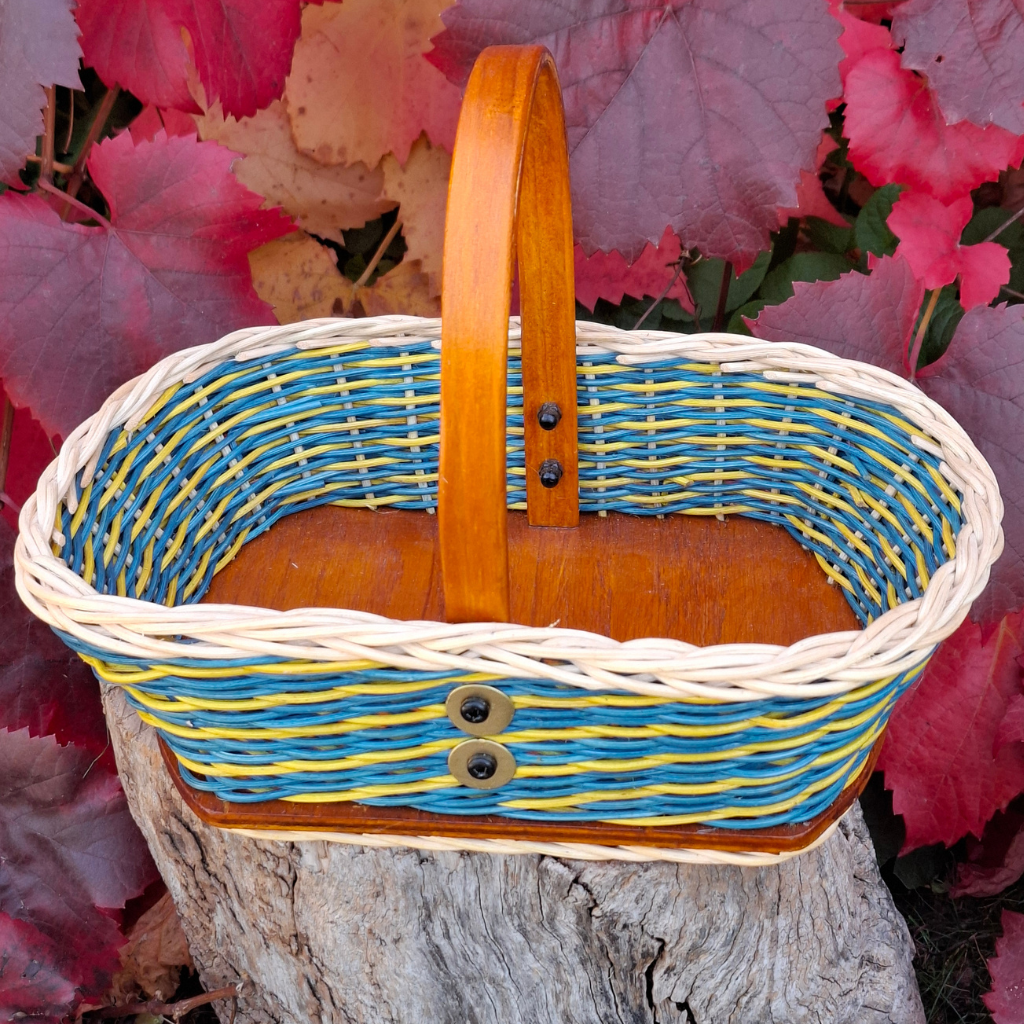Small rectangular blue yellow basket.