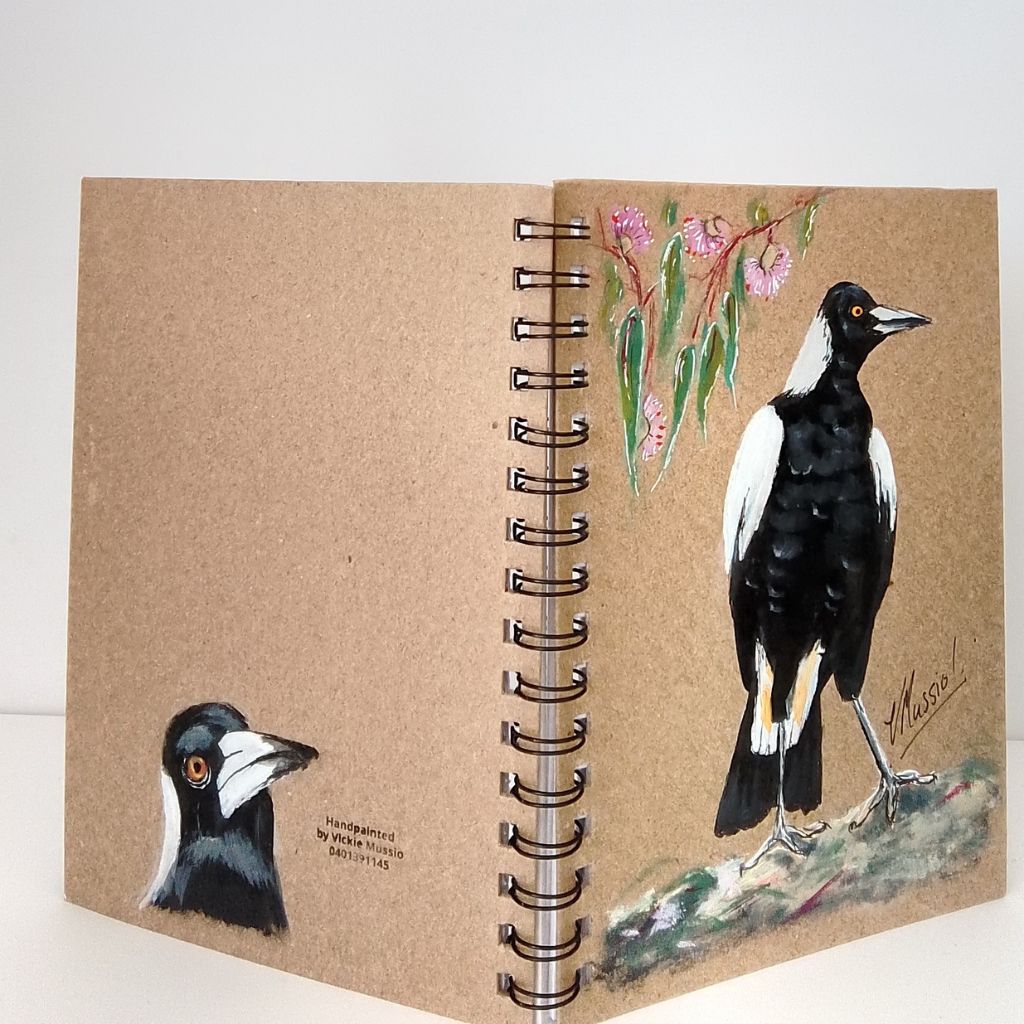 Magpie Handpainted Notebook with gum leaves