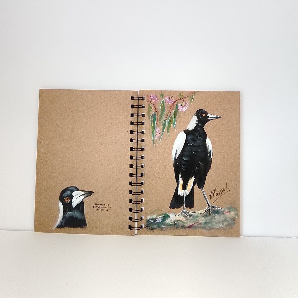 Magpie Handpainted Notebook with gum leaves