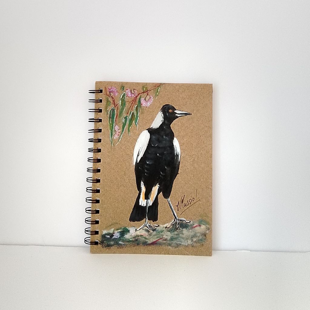 Magpie Handpainted Notebook with gum leaves