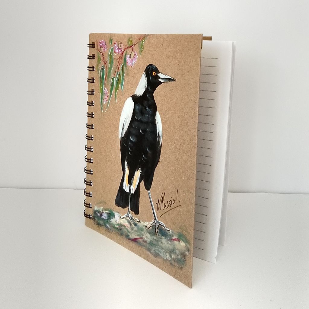 Magpie Handpainted Notebook with gum leaves