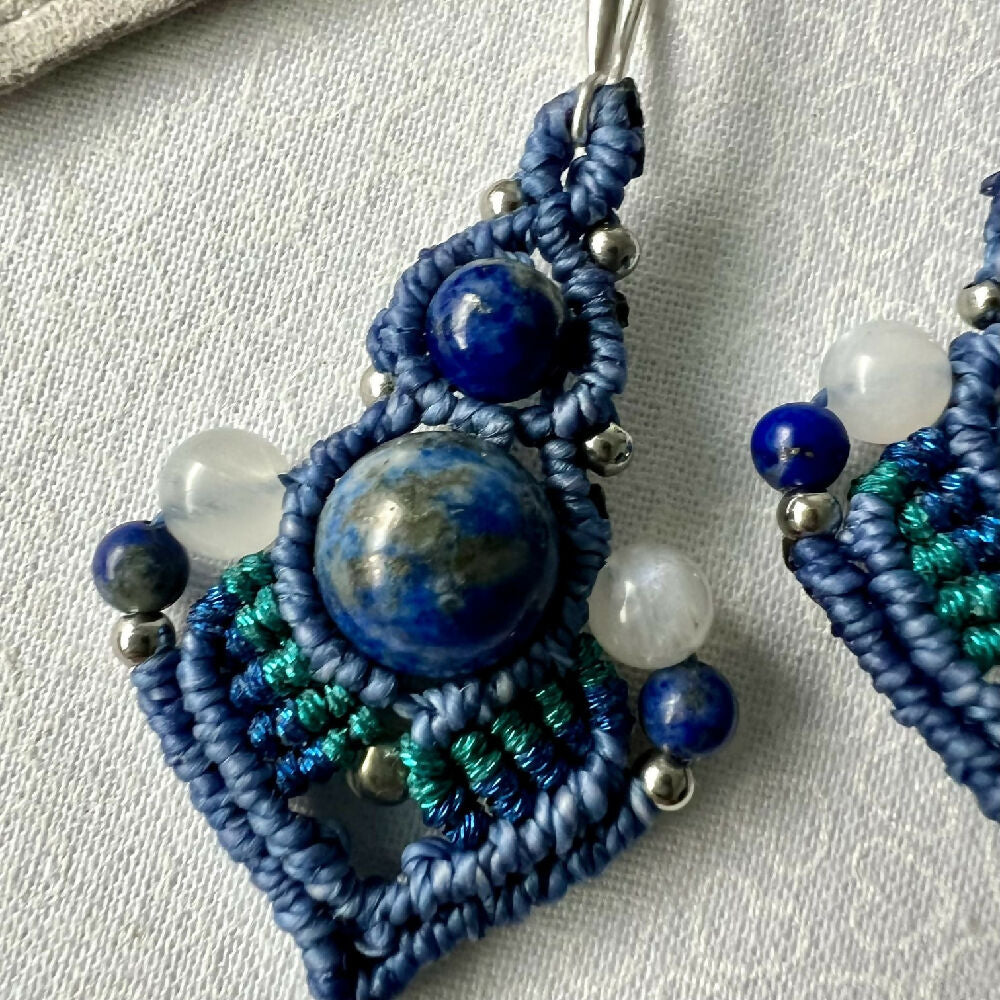 SOLD OUT Lapis Lazuli & Moonstone Macrame Earrings +Free Microfibre Pouch