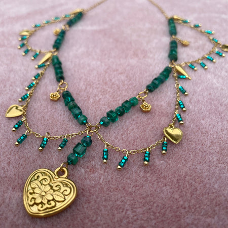 Romantic and elegant green and gold beaded necklace