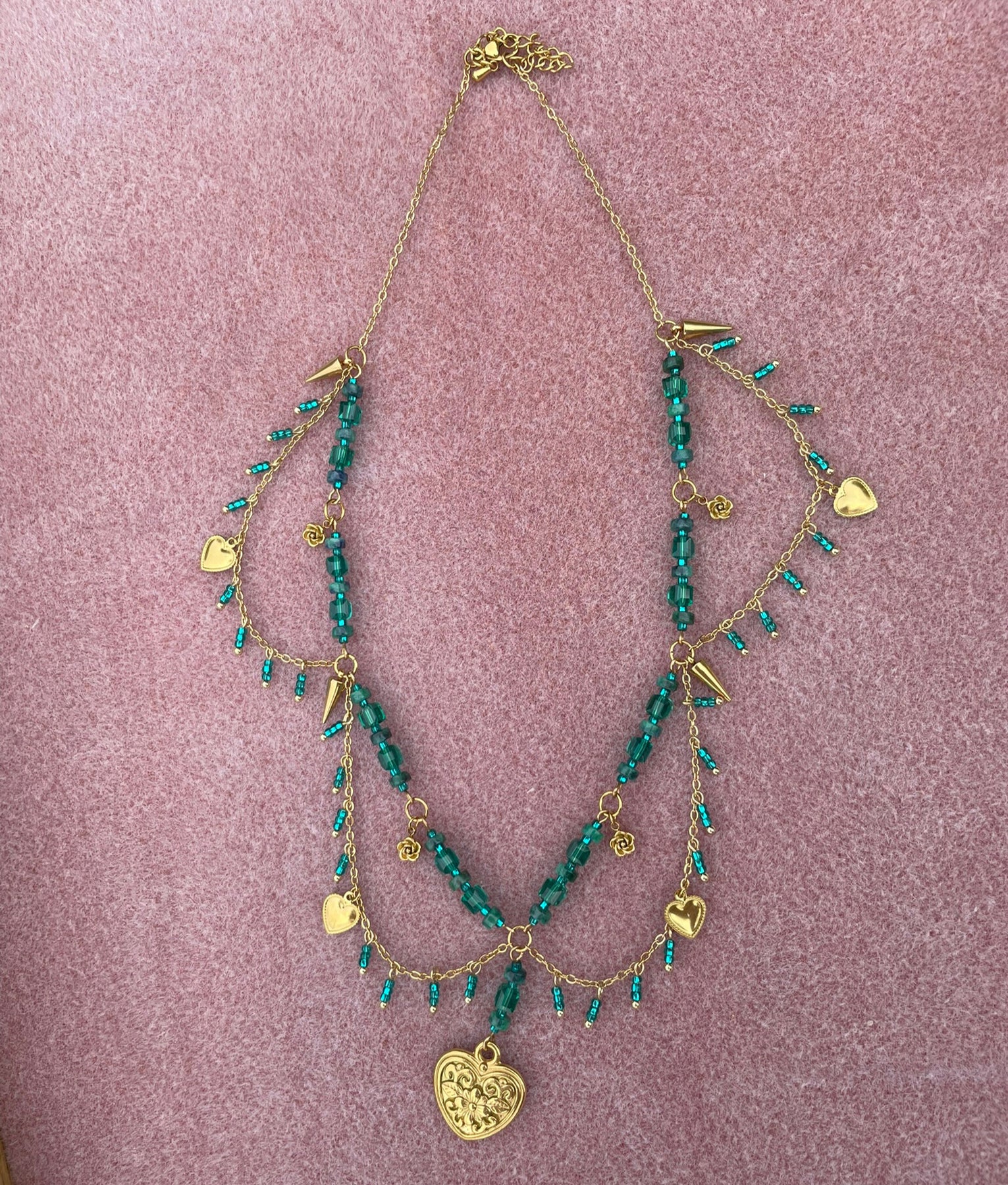 Romantic and elegant green and gold beaded necklace