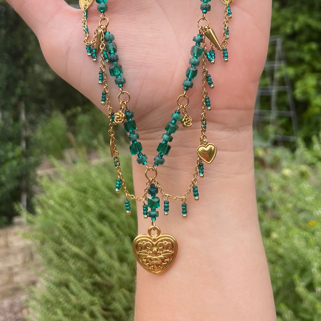 Romantic and elegant green and gold beaded necklace