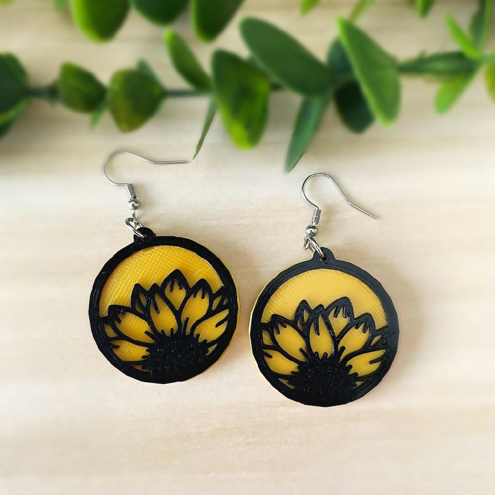 Australian-artist-handmade-jewellery-earrings-black-yellow-sunflower-earrings-round-a