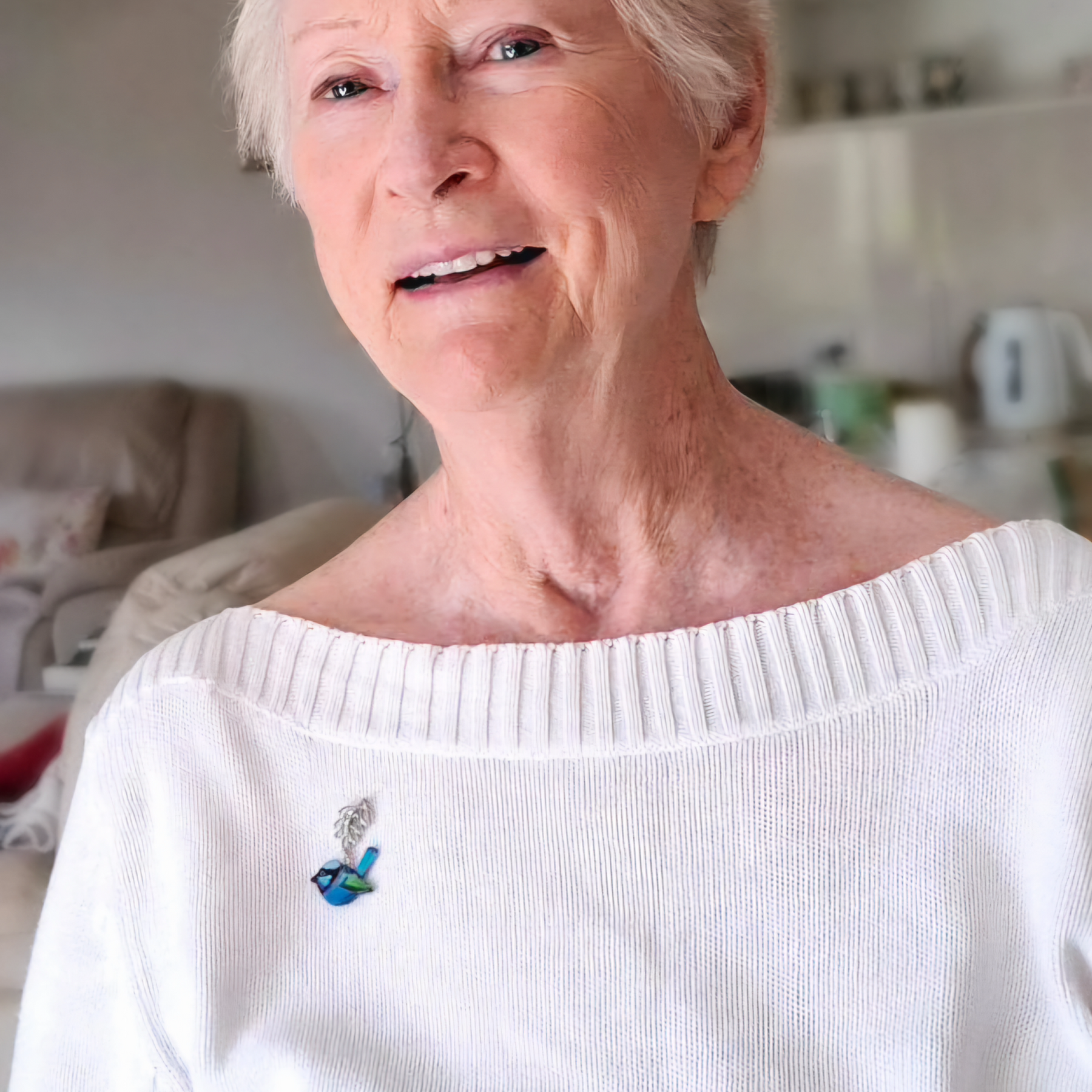 Fairy-wren bird brooch handpainted, handcarved