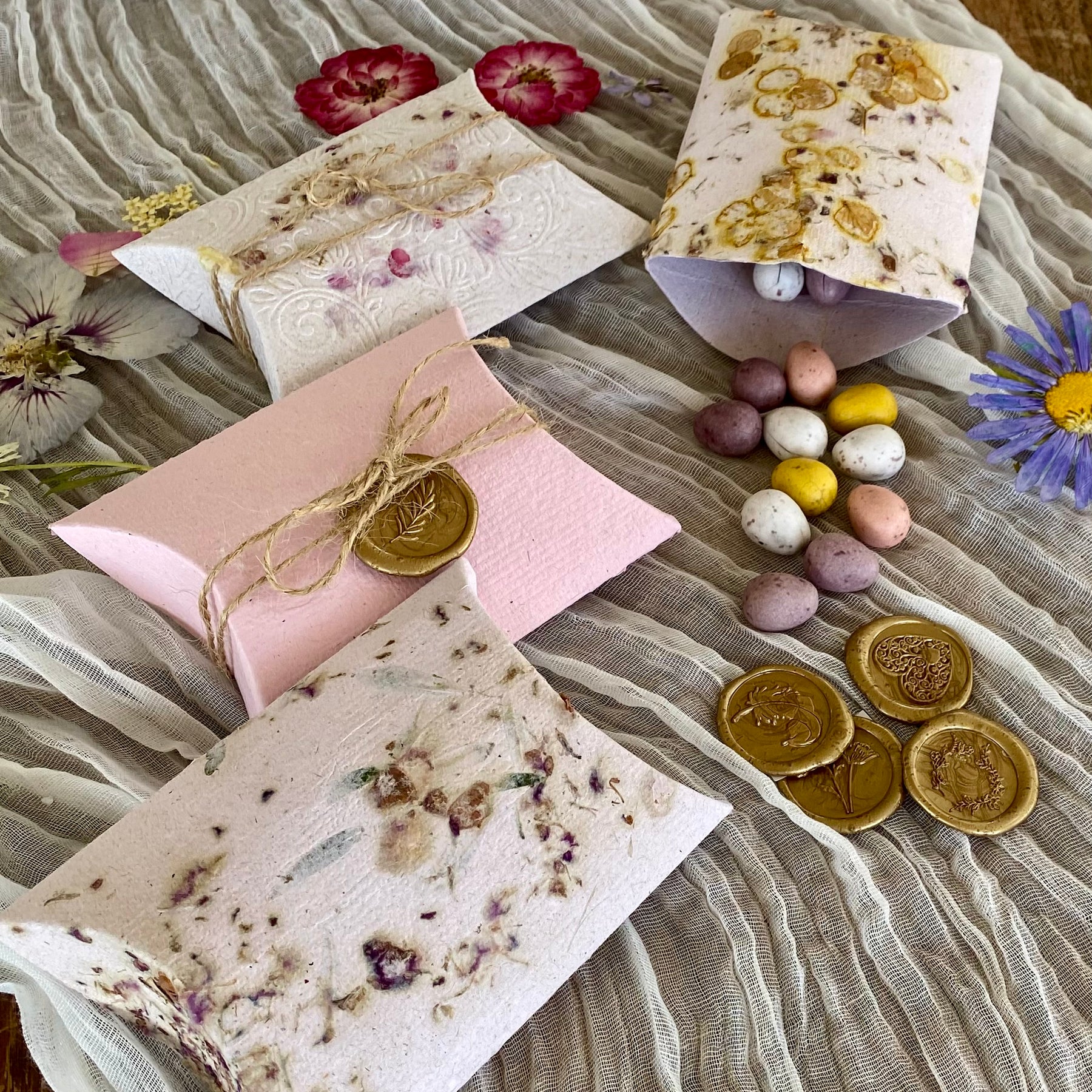 Handmade Paper (Bundle of 4 with Wax Seal) Pillow Boxes - Perfect for Easter Eggs and gifts.