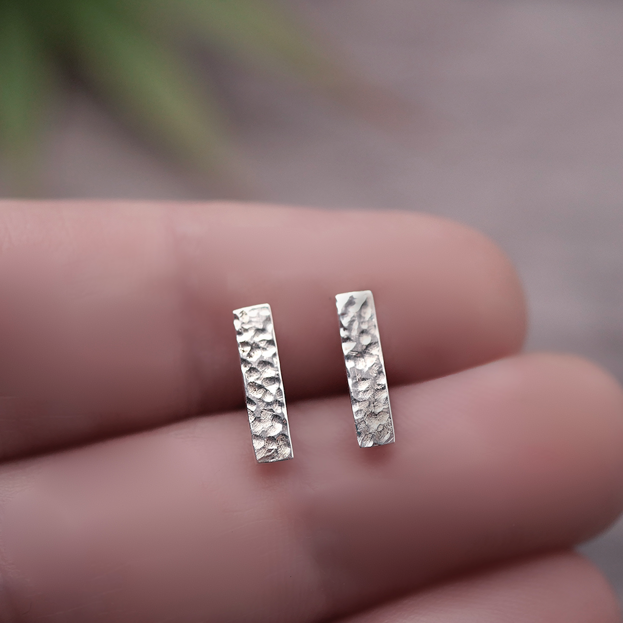 Textured Silver Bar Studs - Handmade Sterling Silver Earrings