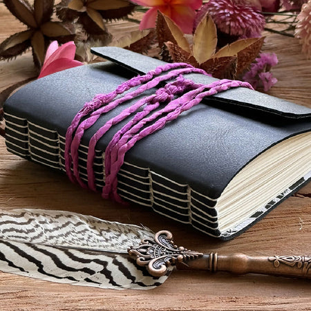 A6 Black Leather Straight Stitched Journal