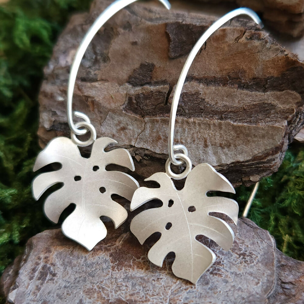 Sterling silver Monstera dangles in matte finish