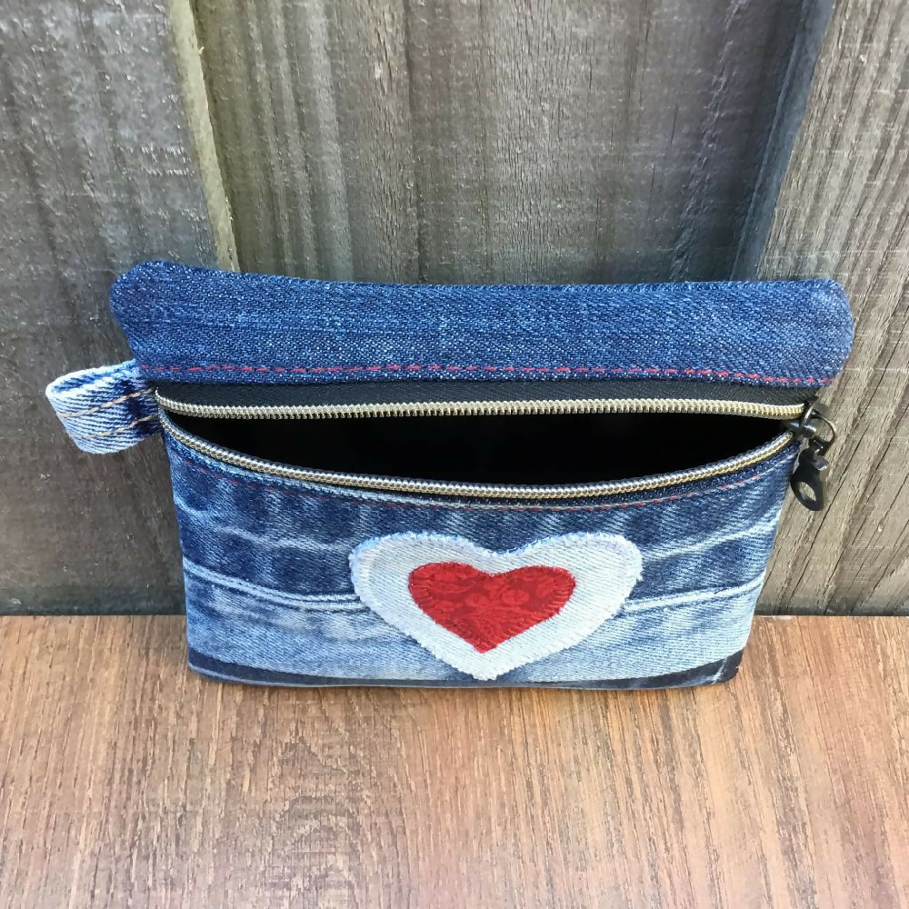 Upcycled Denim Coin Pouch - Denim & Red Heart