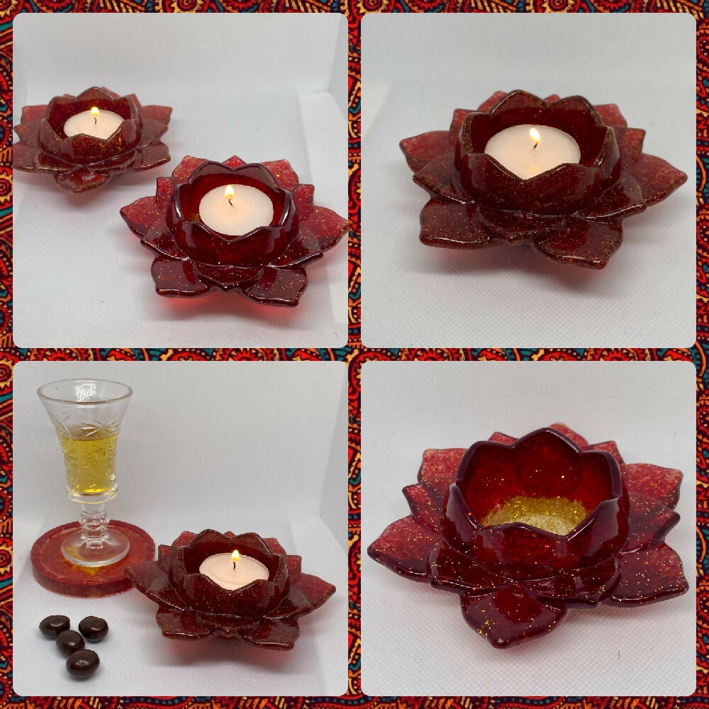 Red and gold sparkling lotus tea lights