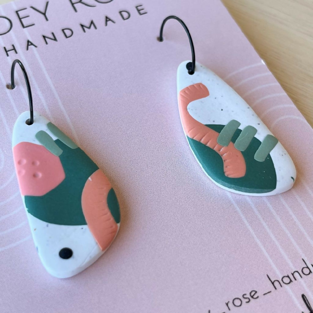 ISABELLE ~ Green & Peach Abstract Print ~ Polymer Clay Earrings