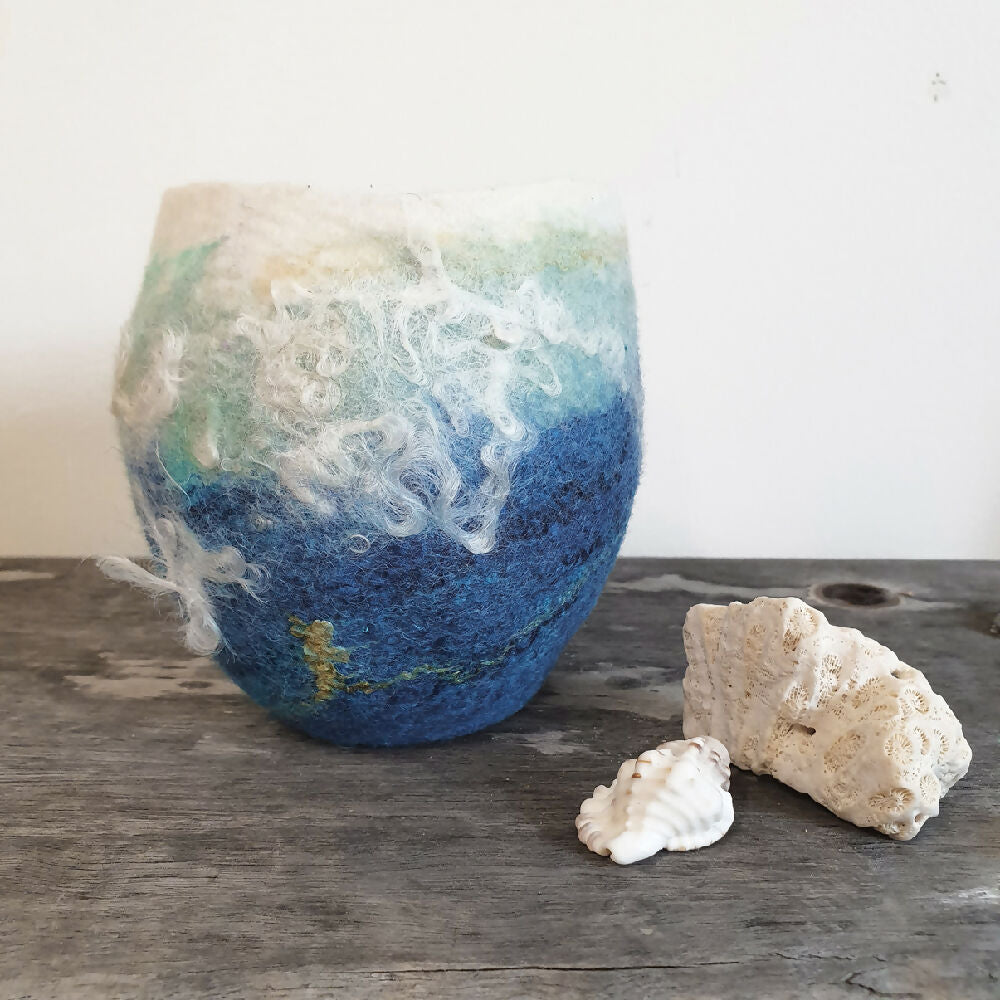 blue and green rustic textile art wool vase - Ningaloo 1 - Julie Ann Smith Art - Australia