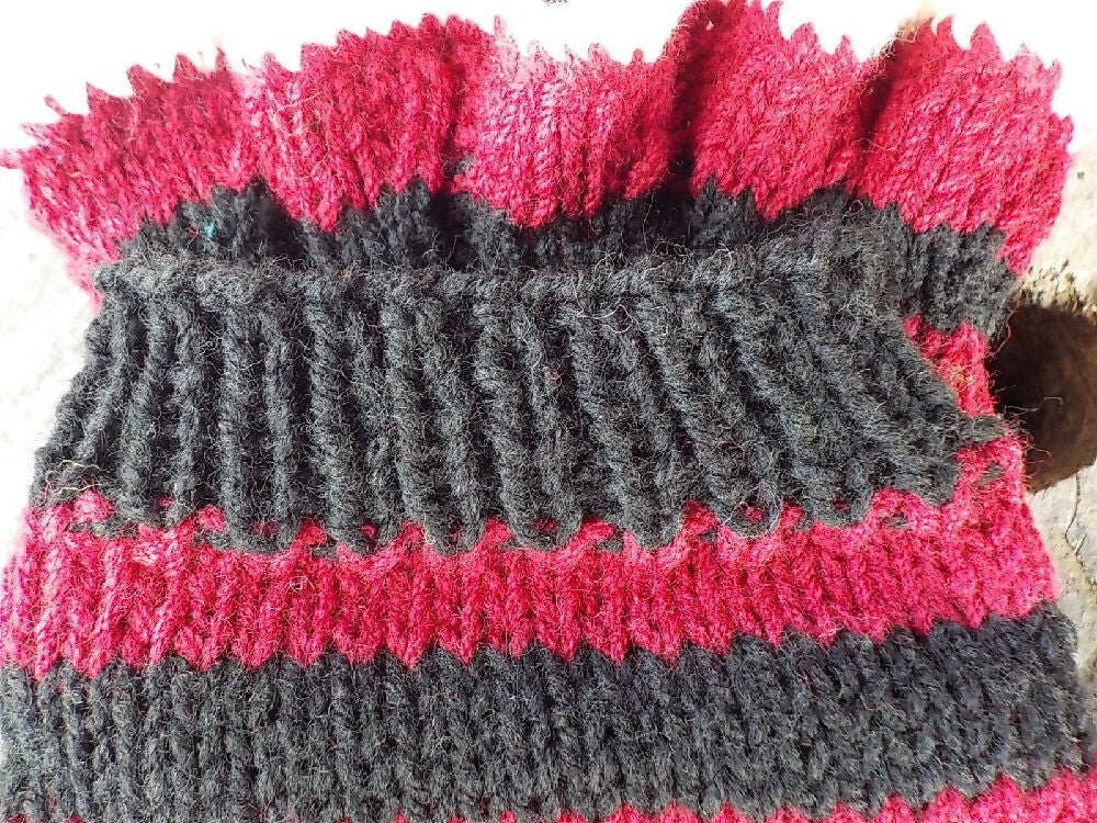 striped legwarmers pure wool burgundy and black