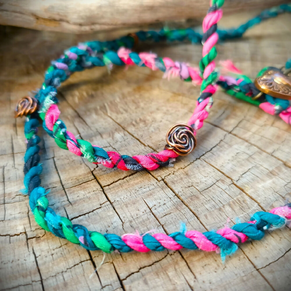handmade cordage fabric wrap necklace teal pink australian artist