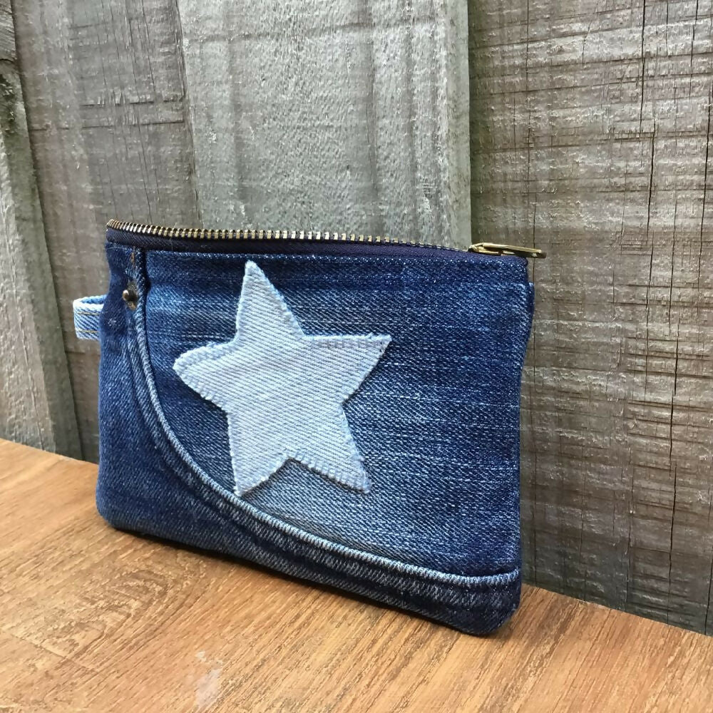 Upcycled Denim Front Pocket Purse - Denim Star