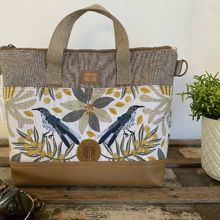 Lola Crossbody/Tote Bag - Wattle Bird & Banksia/Tan Faux Leather