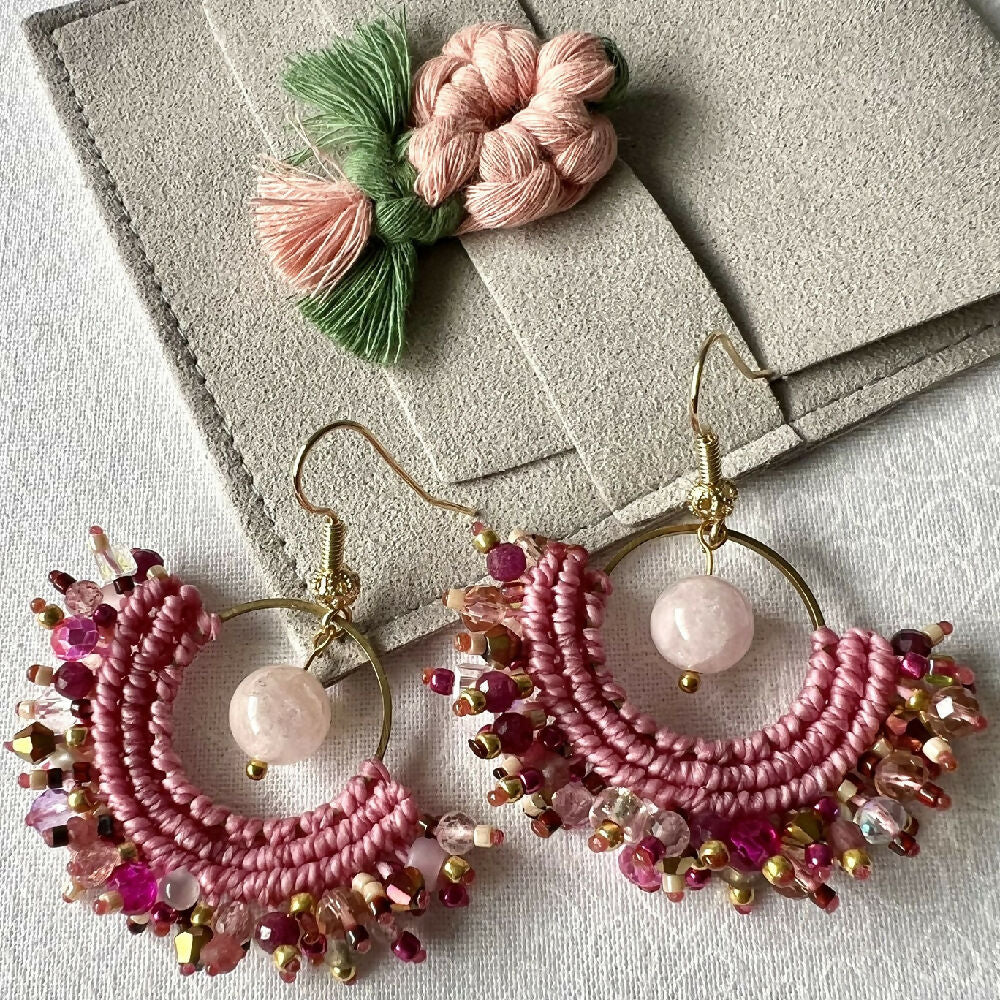 Pink Shades Micro Macrame Earrings gemstone +Free Microfiber Pouch