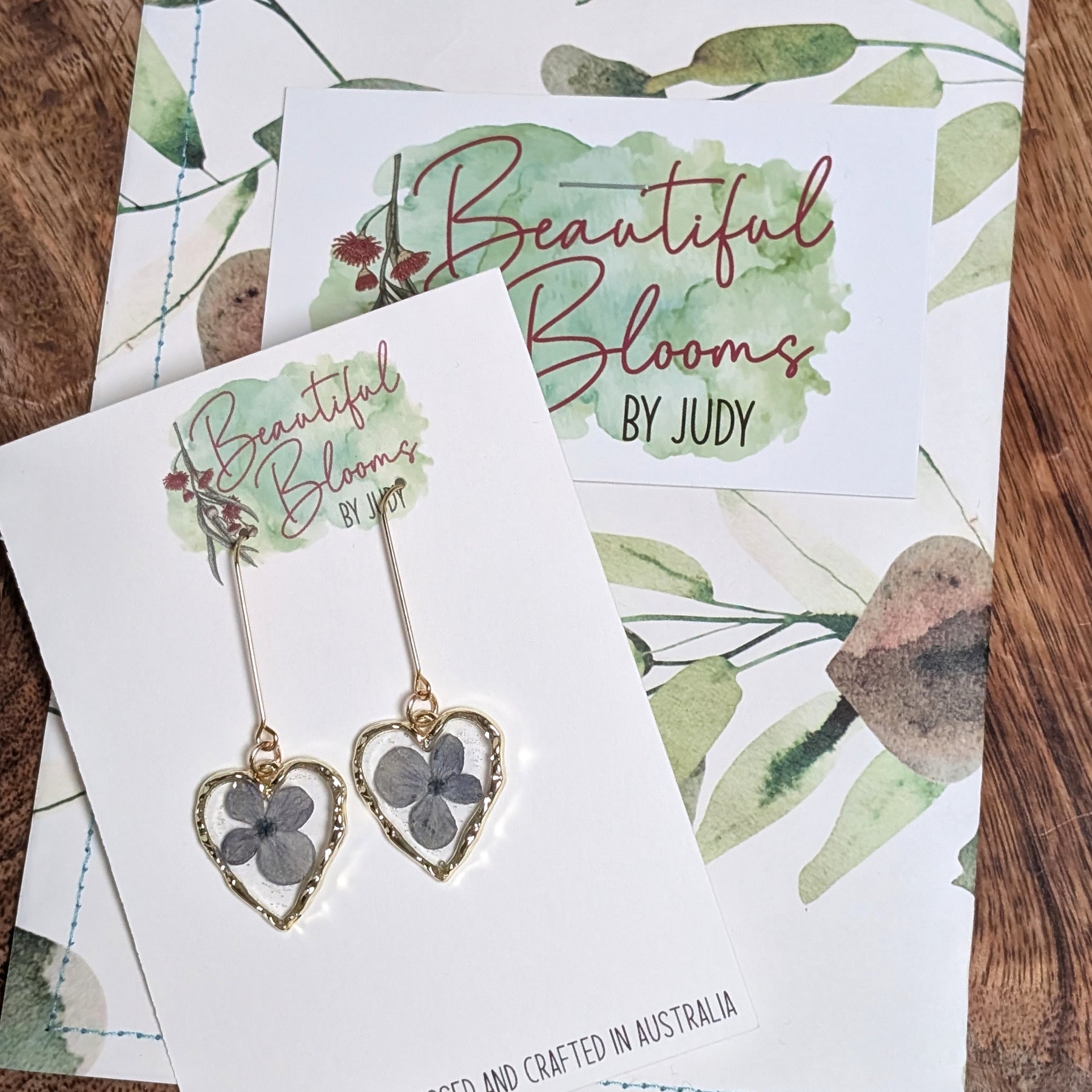 Heart shaped blue hydrangea earrings