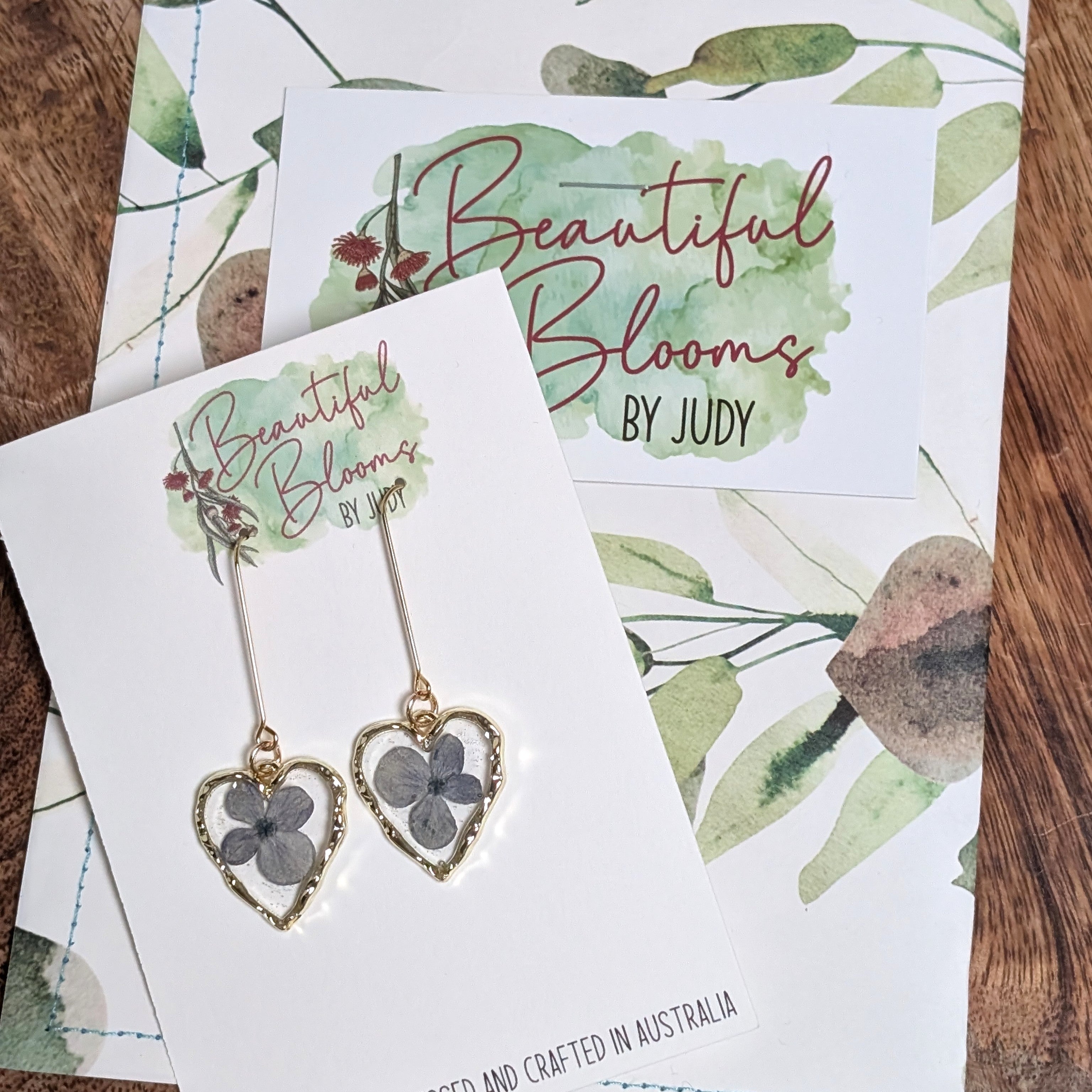 Heart shaped blue hydrangea earrings