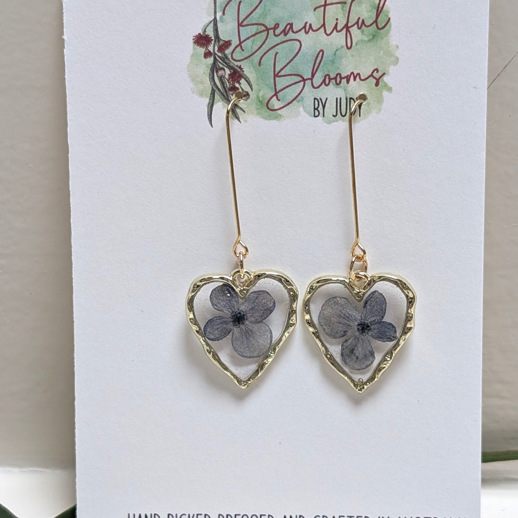Heart shaped blue hydrangea earrings