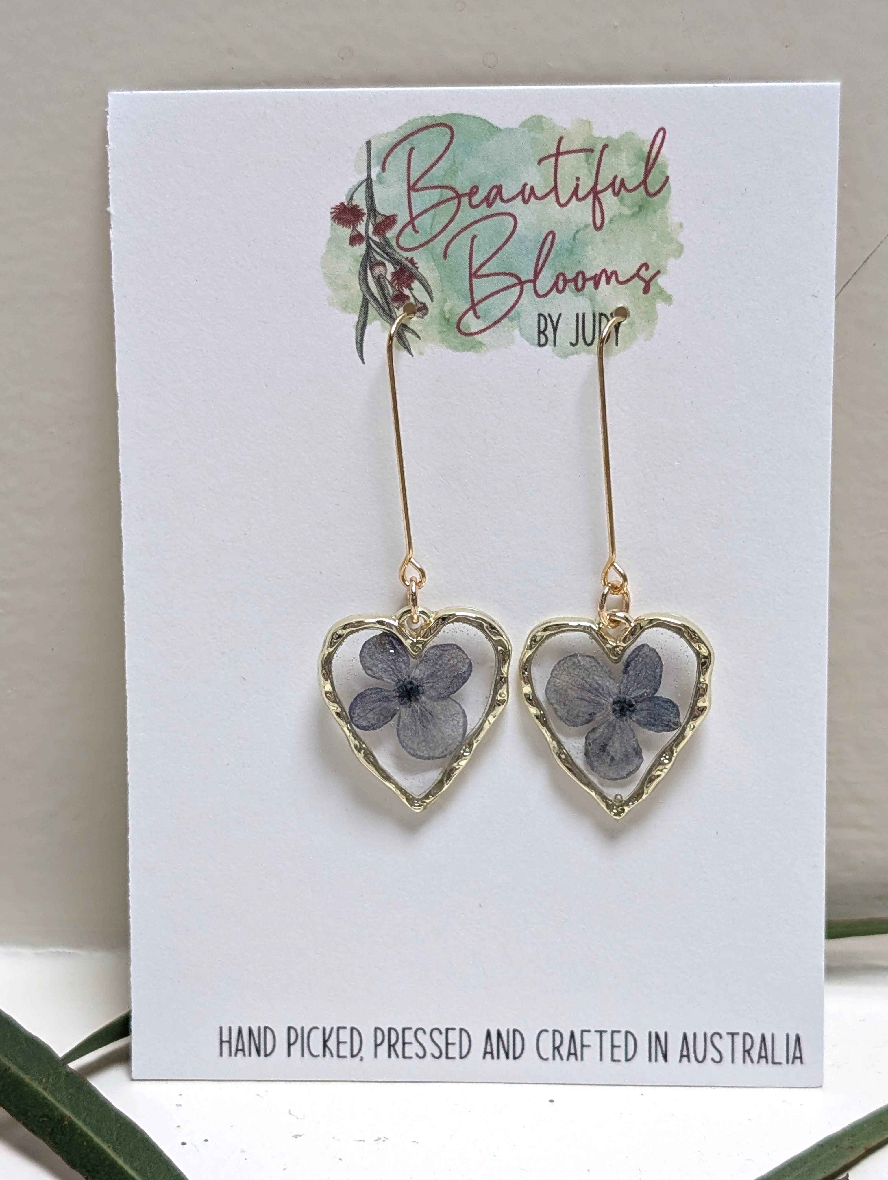 Heart shaped blue hydrangea earrings