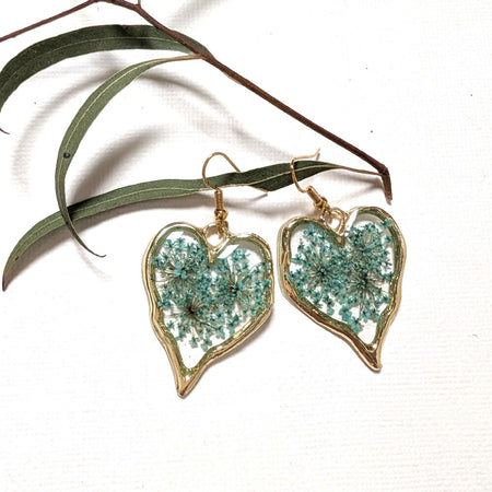 Golden heart earrings, teal Queen Anne's Lace